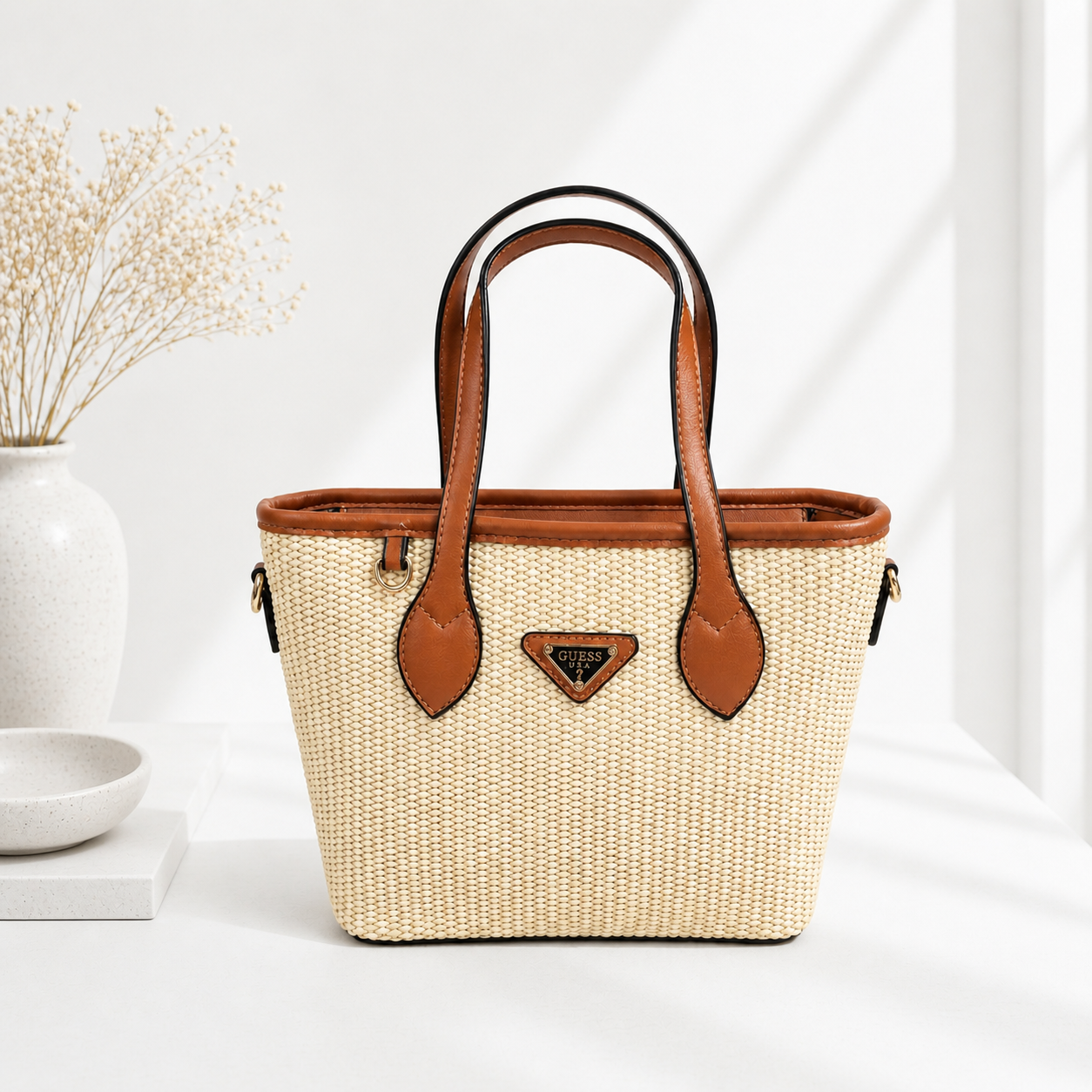 Mala Tote em Rattan Natural com Alças em Couro Castanho - Bold Shoes