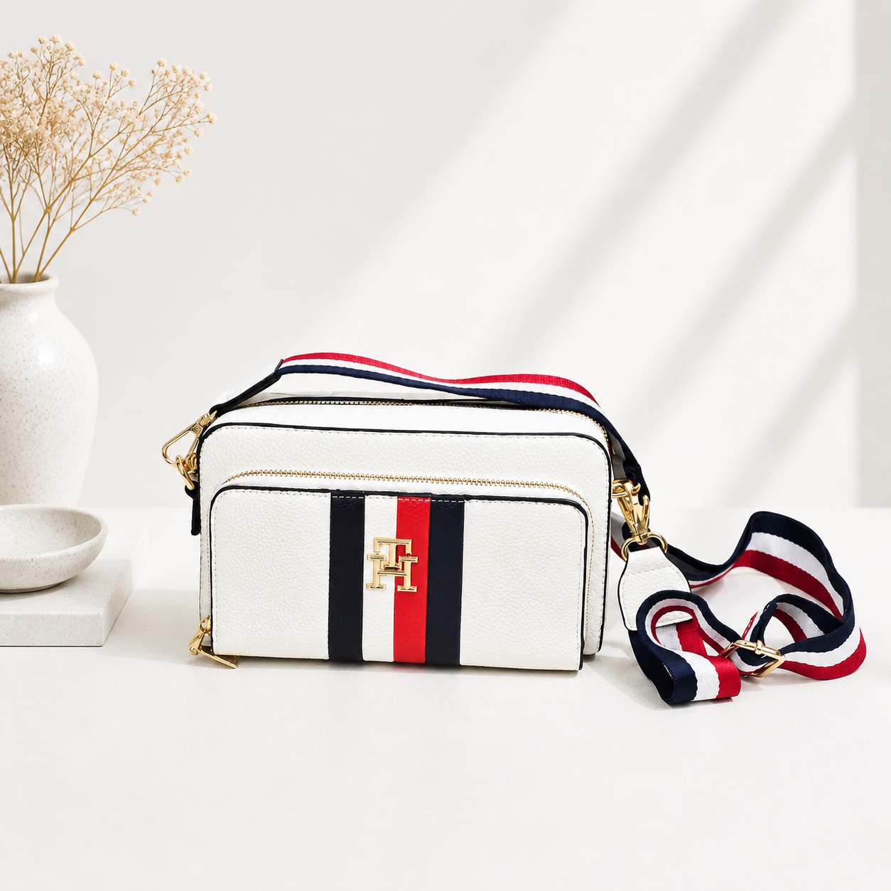Mala Camera Bag Branca com Correia Tricolor - Bold Shoes