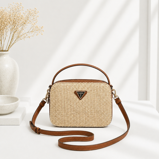 Mala Camera Bag em Rattan com Detalhes em Couro Castanho - Bold Shoes
