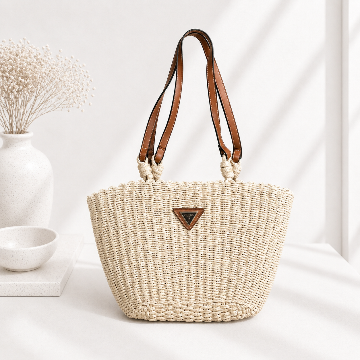 Mala Tote em Palha Natural com Alças em Couro Castanho - Bold Shoes