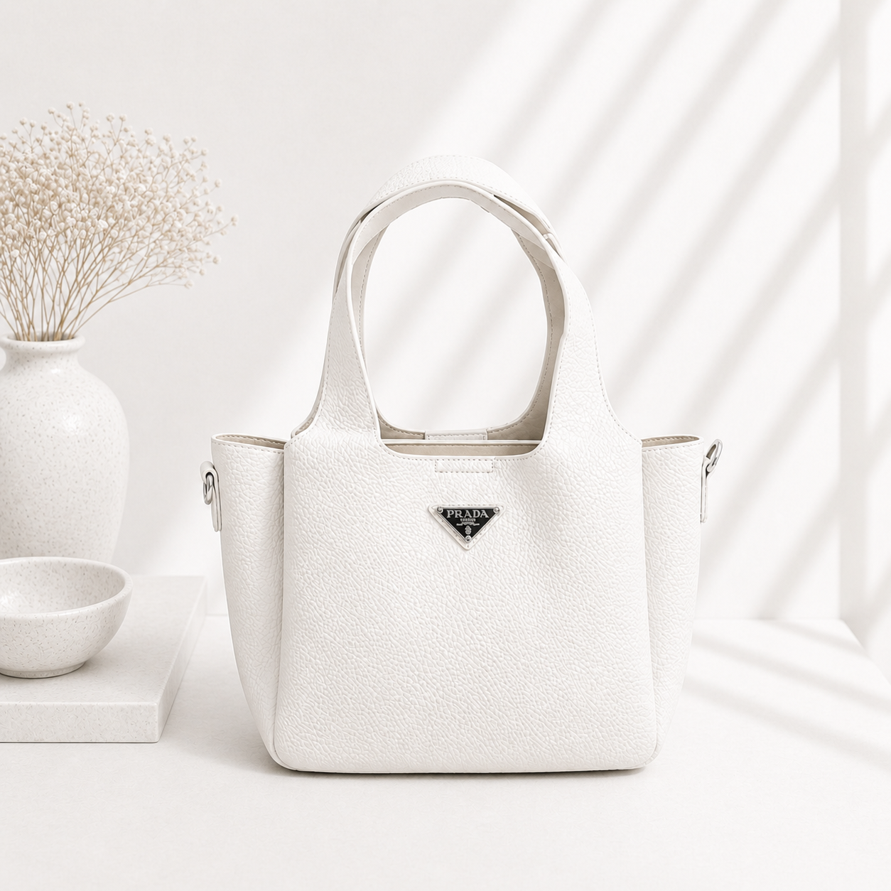 Mini Mala Tote Branca Texturada com Alças Duplas e Placa Triangular - Bold Shoes